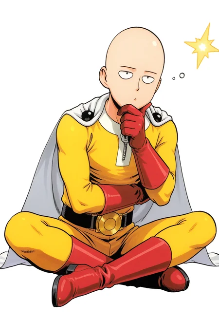 traditional media, male, solo, alone, 1boy, male focus, (bald, yellow bodysuit, red gloves, red boots, cape, zipper, black belt, ), (, thinking, hand on own chin, stroking own chin, sitting, indian style, ),
BREAK
(solid white background, ), sa1tama, parody, , DR, 8K, beautiful, high contrast, masterpiece, best quality, amazing quality, very aesthetic, absurdres, newest, depth of field, ray tracing, dynamic angle,