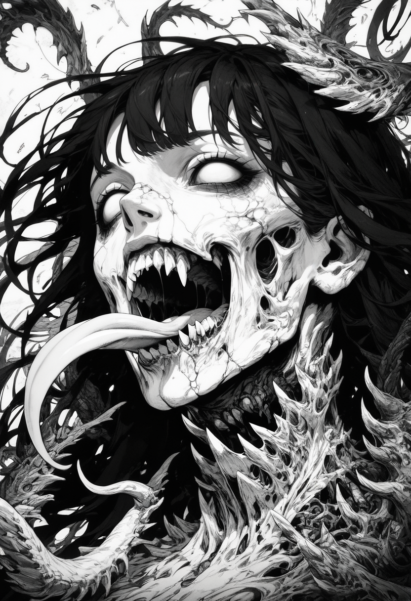 (score_9, score_8_up), score_7_up, zPDXL, 1girl, solo, long hair, open mouth, bangs, black hair, monochrome, greyscale, teeth, tongue, tongue out, sharp teeth, monster girl, portrait, no pupils, long tongue, horror (theme) <lora:GRIM_v1:0.9>