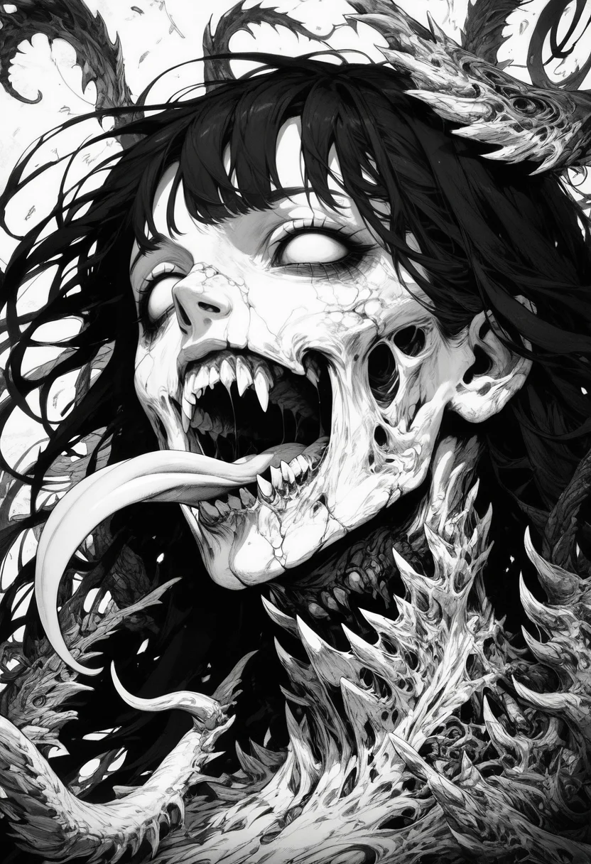 (score_9, score_8_up), score_7_up, zPDXL, 1girl, solo, long hair, open mouth, bangs, black hair, monochrome, greyscale, teeth, tongue, tongue out, sharp teeth, monster girl, portrait, no pupils, long tongue, horror (theme) <lora:GRIM_v1:0.9>