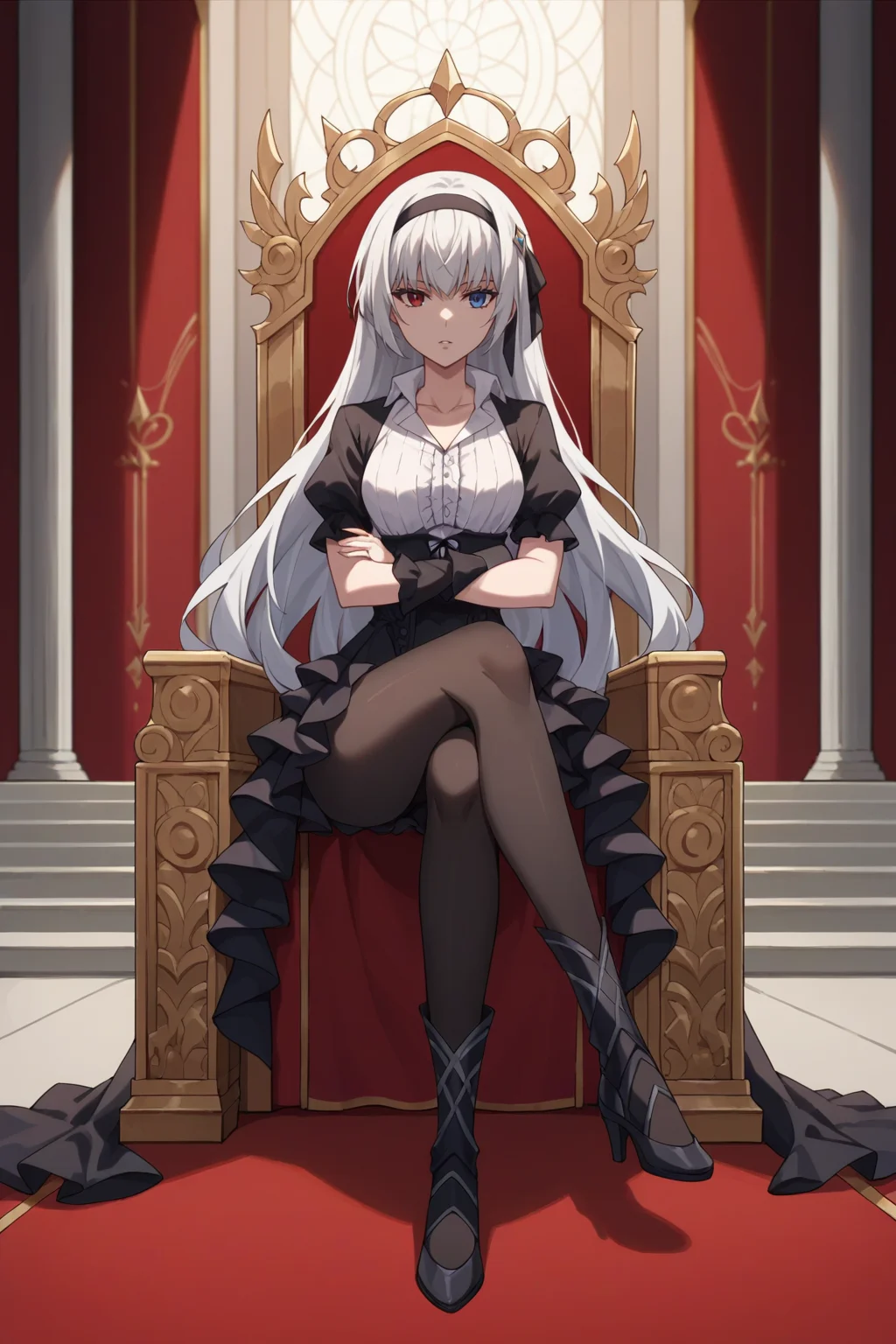 score_9,score_8_up,score_7_up,score_6_up,source_anime, prefect lighting, very aesthetic, intricate details, highly detailed background, masterpiece, high quality, prefect hands, best quality, solo, 1girl,
<lora:Luminous_Valentine_Tensura_V1_r1:.85>white hair, heterochromia, red eyes, blue eyes, long hair, head band,
goth frilled dress, medium skirt, white collared shirt, black pantyhose, collarbone, 
sitting, sitting on throne, crossed arms,  looking at viewer, expressionless, parted lips, crossed legs,
throne room, throne, red carpet, stairs, pillars, curtains,
(Beautiful, medium Breasts:1.2), natural breasts,
