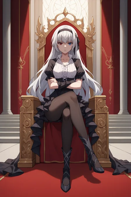 score_9,score_8_up,score_7_up,score_6_up,source_anime, prefect lighting, very aesthetic, intricate details, highly detailed background, masterpiece, high quality, prefect hands, best quality, solo, 1girl,
<lora:Luminous_Valentine_Tensura_V1_r1:.85>white hair, heterochromia, red eyes, blue eyes, long hair, head band,
goth frilled dress, medium skirt, white collared shirt, black pantyhose, collarbone,
sitting, sitting on throne, crossed arms, looking at viewer, expressionless, parted lips, crossed legs,
throne room, throne, red carpet, stairs, pillars, curtains,
(Beautiful, medium Breasts:1.2), natural breasts,