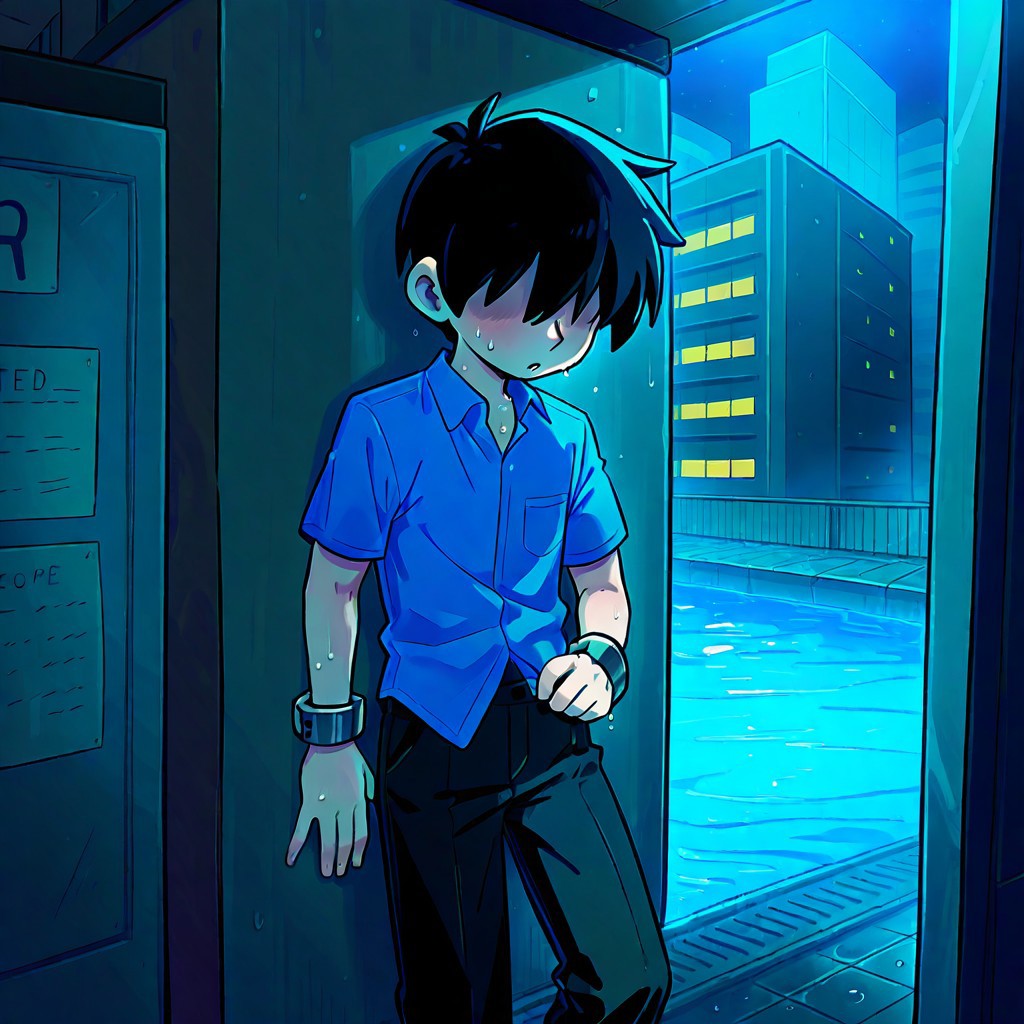 score_9, score_8_up, score_7_up,  source_cartoon, cel shading, fca style,  mngmst_style, 1boy, solo,
Boy wearing a blue shirt and black pants, Boy with metal cuff on leg, metal cuff on leg, Short black hair, Hair covering eyes, Pale white skin, RK (Little Nightmares), curious, curious expression, curious boy, sweat, sweaty, sweaty body, sexy body, boy taking off clothes, boy stripping, Boy in hot building, indoors, hot temperature, flood, flooded building, dark building, trash in the background, wet building, dark atmosphere, dark,