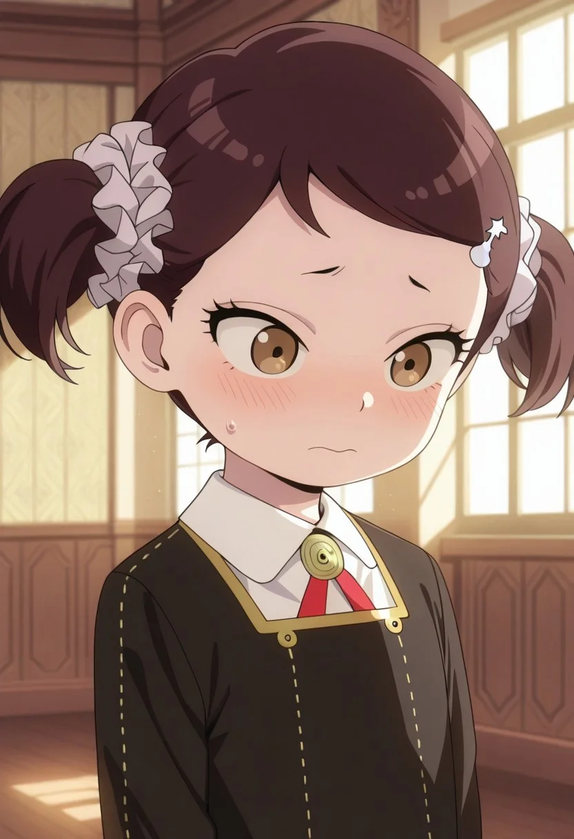 masterpiece,best quality,amazing quality, becky blackbell, female child, child, brown hair, brown eyes, short twintails, 1girl, school uniform, eden academy school uniform, twintails, solo, hair ornament, indoors, shirt, scrunchie, upper body