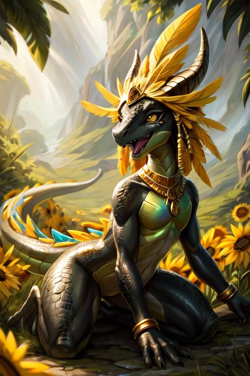 (award winning photography:0.6), (nature photography:0.6),
Tilt-shift, ((full shot)), 
dragon, (raptor:0.5) scalie, female, detailed black scales, detailed vivid scales, intricate iridescent scales, detailed face, detailed eyes, (big eyes:0.5), claws, fangs, (kobold:1.2), horns, ears, oily, glossy skin, green hands, (green chest), yellow eyes, horns, black skin, 
cute, young, (toned body:0.3), elegant, beautiful, bright eyes, expressive eyes, eyelashes, feminine, thick thighs, slim body, cute-fine-face,
round head, cute face, reflective eyes, 
open mouth, smile, shiny, sharp teeth, half closed eyes, 
(surrounded by sunflowers:0.9), (meadow:0.4), (jungle:0.5),
kneeling, looking to the side, saliva, drooling, low angle, side view,
((big yellow feather headdress)), long yellow crest feathers, yellow feather ornaments,
iridescent gold, golden necklace, golden bracers, 
<lora:dragon:0.2>, 
<lora:Tangbohu Detail Tweaker:-0.1>,
<lora:nanachi:0.3>,
<lora:Velociraptor_Dino:0.2>,
<lora:GAME_Gerudo_riju_aiwaifu69:0.4>;
by ulitochka, by darkgem, by thesecretcave, by silverfox5213, by hioshiru, by carrot,
Volumetric lighting, Rim lighting,
noon, blue sky, waves, birds in the sky, cove, coast,
((on the beach, tropical sea, horizon, sunlight)),
(ambient light on the body), 
Ray tracing, concept art, highly detailed, ((masterpiece)), ((best quality))  cinematic composition, ultra realistic, (high detail:1.3), sharp focus