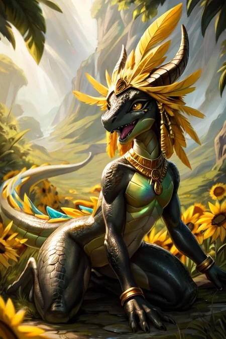 (award winning photography:0.6), (nature photography:0.6),
Tilt-shift, ((full shot)),
dragon, (raptor:0.5) scalie, female, detailed black scales, detailed vivid scales, intricate iridescent scales, detailed face, detailed eyes, (big eyes:0.5), claws, fangs, (kobold:1.2), horns, ears, oily, glossy skin, green hands, (green chest), yellow eyes, horns, black skin,
cute, young, (toned body:0.3), elegant, beautiful, bright eyes, expressive eyes, eyelashes, feminine, thick thighs, slim body, cute-fine-face,
round head, cute face, reflective eyes,
open mouth, smile, shiny, sharp teeth, half closed eyes,
(surrounded by sunflowers:0.9), (meadow:0.4), (jungle:0.5),
kneeling, looking to the side, saliva, drooling, low angle, side view,
((big yellow feather headdress)), long yellow crest feathers, yellow feather ornaments,
iridescent gold, golden necklace, golden bracers,
<lora:dragon:0.2>,
<lora:Tangbohu Detail Tweaker:-0.1>,
<lora:nanachi:0.3>,
<lora:Velociraptor_Dino:0.2>,
<lora:GAME_Gerudo_riju_aiwaifu69:0.4>;
by ulitochka, by darkgem, by thesecretcave, by silverfox5213, by hioshiru, by carrot,
Volumetric lighting, Rim lighting,
noon, blue sky, waves, birds in the sky, cove, coast,
((on the beach, tropical sea, horizon, sunlight)),
(ambient light on the body),
Ray tracing, concept art, highly detailed, ((masterpiece)), ((best quality)) cinematic composition, ultra realistic, (high detail:1.3), sharp focus