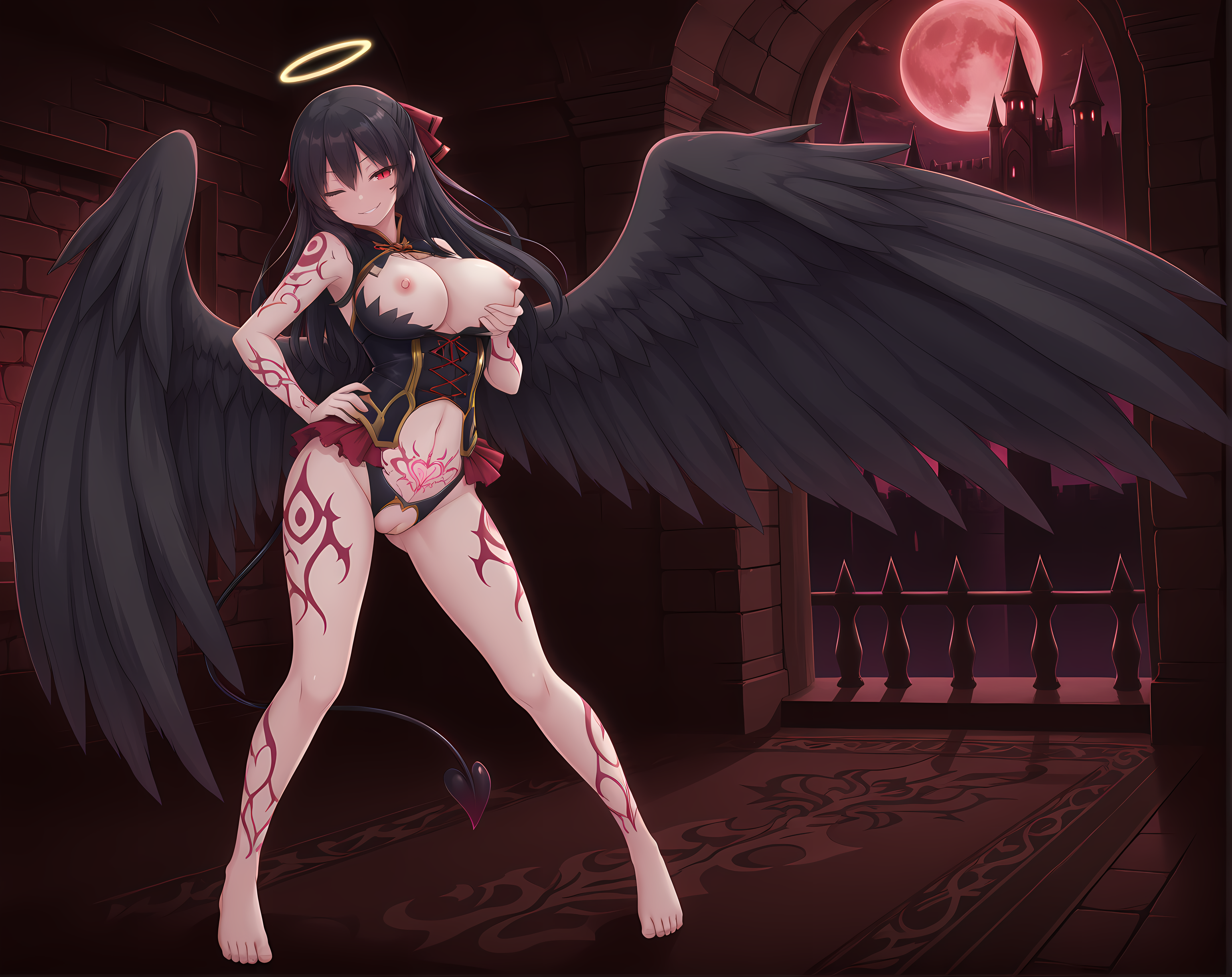 <lora:Eureshya:0.7>,eureshya,standing,pubic tattoo,black hair,red eyes,angel wings,halo,hair between eyes,eyes visible through hair,large breasts,indoors,castle,bedroom,nipples,barefoot,hair bow,uncensored,arched back,night,moonlight,moon,black wings,half-closed eyes,red moon,full-body tattoo,corruption,revealing clothes,dark persona,corset,center cross lace,navel,midriff,cleavage cutout,pussy cutout,demon girl,demon wings,demon tail,standing,leaning to the side,hand on own hip,grabbing own breast,evil smile,slit pupils,one eye closed,teasing,spread legs,, masterpiece,best quality,amazing quality, very aesthetic, absurdres,detailed eyes,ultra-detailed,