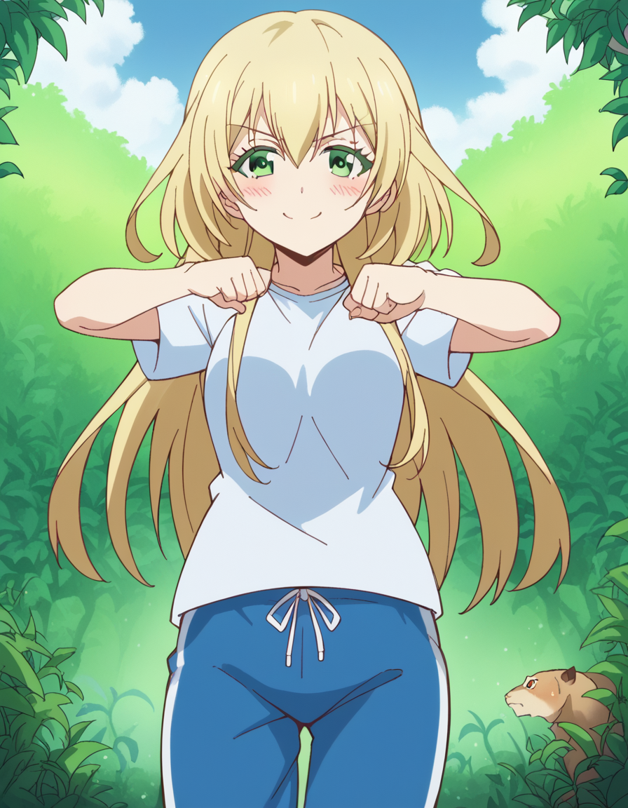 score_9, score_8_up, score_7_up, source_anime, <lora:yuki-nozaki-s1-ponyxl-lora-nochekaiser:1>, yuki nozaki, long hair, blonde hair, hair between eyes, green eyes, sidelocks,, shirt, pants, t-shirt, sportswear, track pants,, jungle, dense, wildlife, vines, green, , <lora:shikairo-days-dance-ponyxl-lora-nochekaiser:1>, shikairo days dance, shikairo days dance (meme), dancing, meme, closed eyes, clenched hands, glowsticks, blush, smile,, looking at viewer, solo,, dutch angle, cowboy shot