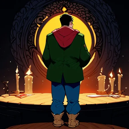 score_9, score_8_up, score_7_up
, masterpiece, beautiful,
,1 guy, solo, Davey-StoneX, Short hair, very short hair, black eyes, Green jacket, Red hoodie under jacket, blue pants, brown boots,Hood covering face, back view, looking back, tears, serius expression , full body, screencaps, disney art style, dark background, shaded face, (black face:1.2),glowing eyes,
