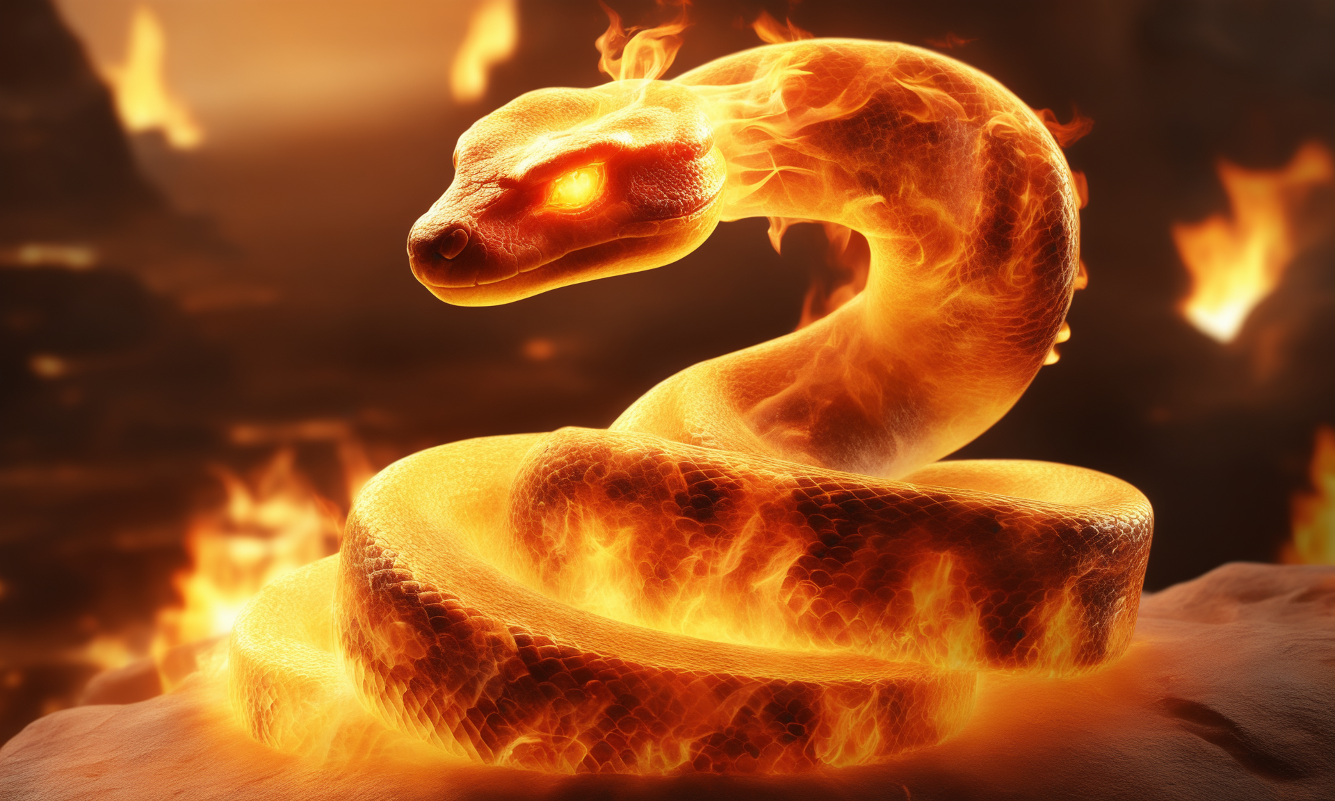 <lora:firecd_xl-000017:0.6>,a transparent fire elemental snake made of (firecd_xl,raging flames:1.2,burning) in hell,fire eyes,fire hairs,fire body,splash fire,no humans,long-focus,tilt-shift,outdoors,on molten rock,full body,chinese zodiac,cutie,cute,still life,front view,facing viewer,looking at viewer,ethereal fantasy concept art,magnificent,epic,majestic,magical, emotional,harmonious,high budget,moody,epic,gorgeous,perfect lighting,realistic,photorealistic,photographic,photo (medium),real,moody lighting,volumetric lighting,reality ray tracing,8K,HDR,UHD,masterpiece,best quality,highly detailed,high resolution,finely detail,extremely detailed,ultra detailed,wallpaper