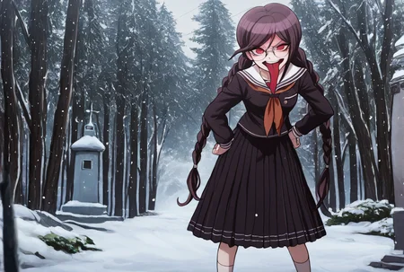 (((solo))), masterpiece, best quality, very aesthetic, modern, modern anime, front view , admiring expression , (((solo))),danganronpa_(series),<lora:Toko_Fukawa_Illustrious:1>, This is an anime screencap from Danganronpa 3. Genocider Sho has a amused expression . Genocider Sho is enacting a v for victory pose amid A tall, slender communication tower rises through a thick fog against a pale gray sky. The tower's metal framework is visible in the foreground, with a lattice of triangular supports forming its structure. The upper portion of the tower fades into the mist, its top barely visible. At the base, the tower is painted bright red, contrasting with the silvery-gray of the upper sections. Surrounding the tower are dark silhouettes of evergreen trees, their tops peeking through the fog. The scene has a moody, ethereal quality, suggesting a cold winter day or early morning. Diffused light permeates the image, softening edges and creating a sense of depth. A faint dusting of snow is visible on some of the tree branches, adding to the wintry atmosphere. The overall color palette is muted, dominated by grays with touches of red at the tower's base. Genocider Sho wearing her uniform from Danganronpa 1. Her uniform is purple with a lengthy skirt that extends past her knees. Her long dark purple hair is styled in two braids that extend past her waist. She has large round glasses over her red eyes. Her abnormally large tongue hangs out of her mouth. She is wearing white socks and brown loafers.