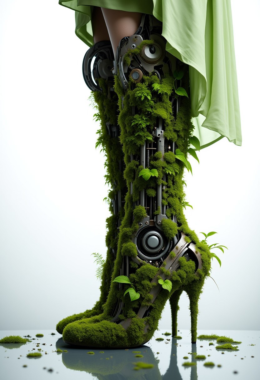 ajweathbo. The image is a highly detailed, CGI-rendered artwork featuring a futuristic, robotic leg encased in a lush, verdant ecosystem. The robotic leg, primarily a metallic, mechanical structure, is covered in various shades of green moss and plants, giving it a surreal, organic appearance. The leg is a hybrid of advanced technology and nature, with intricate, exposed mechanical components visible through the foliage. 
The robotic leg is composed of a mix of metallic and organic textures, with the mechanical parts, such as pistons, gears, and wires, blending seamlessly with the greenery. The knee and ankle joints are particularly detailed, showcasing a fusion of industrial and natural elements. 
The leg is partially covered by a flowing, pale green garment that drapes elegantly, adding a soft, flowing texture to the scene. The fabric appears to be a high-tech material, possibly a blend of synthetic and natural fibers, given its smooth, slightly reflective surface.
The background is a gradient of white to light gray, creating a minimalist, high-contrast setting that emphasizes the vivid colors and textures of the robotic leg and its surroundings.