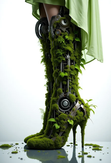 ajweathbo. The image is a highly detailed, CGI-rendered artwork featuring a futuristic, robotic leg encased in a lush, verdant ecosystem. The robotic leg, primarily a metallic, mechanical structure, is covered in various shades of green moss and plants, giving it a surreal, organic appearance. The leg is a hybrid of advanced technology and nature, with intricate, exposed mechanical components visible through the foliage. 
The robotic leg is composed of a mix of metallic and organic textures, with the mechanical parts, such as pistons, gears, and wires, blending seamlessly with the greenery. The knee and ankle joints are particularly detailed, showcasing a fusion of industrial and natural elements. 
The leg is partially covered by a flowing, pale green garment that drapes elegantly, adding a soft, flowing texture to the scene. The fabric appears to be a high-tech material, possibly a blend of synthetic and natural fibers, given its smooth, slightly reflective surface.
The background is a gradient of white to light gray, creating a minimalist, high-contrast setting that emphasizes the vivid colors and textures of the robotic leg and its surroundings.