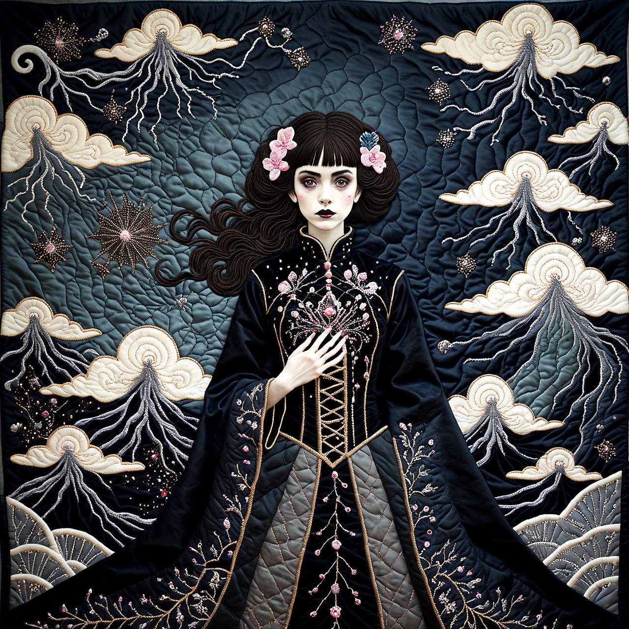 cs-qu1lt-1, white-toned Surrealism photo of an abyssal goth clothed bejewelled punk princess by Hokusai among the clouds in a bright decrepit void, intricate black and bronze and white Voronoi, magical, ethereal, billowing bright dust, very detailed, <lora:SDXL_Black_Sa_May:0.75>