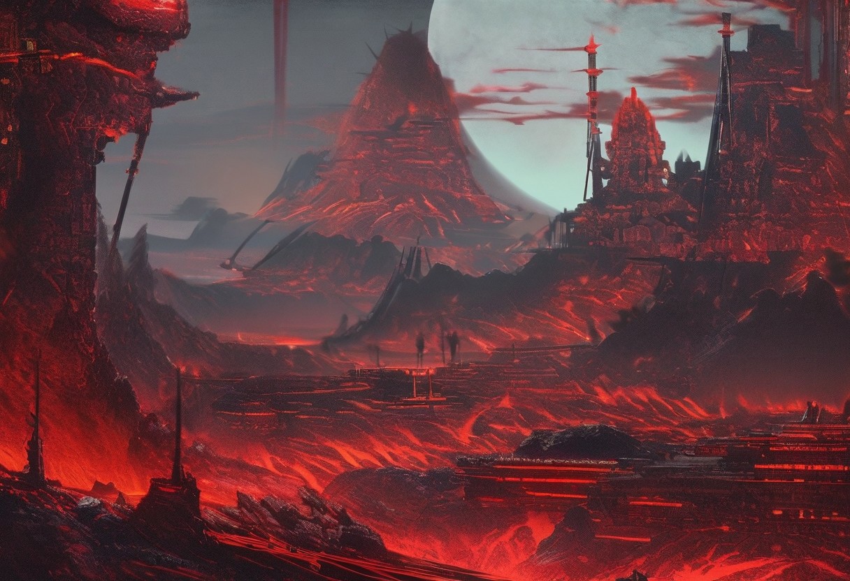 OBxiaoxiang, CAICO, inksketch black and red theme, detailed photorealistic image, a_skynet_cyberdyne_craft, the image is featuring a sci-fi cityscape of colossal buildings and towers in a green lush landscape, situated in a volcanic valley bounded by lava volcanos, black and gunmetal grey alloy surfaces with high-end circuitry, red glowing diodes and lights, large depth of field. The sky is an ominous red, with a moon hanging low in the horizon