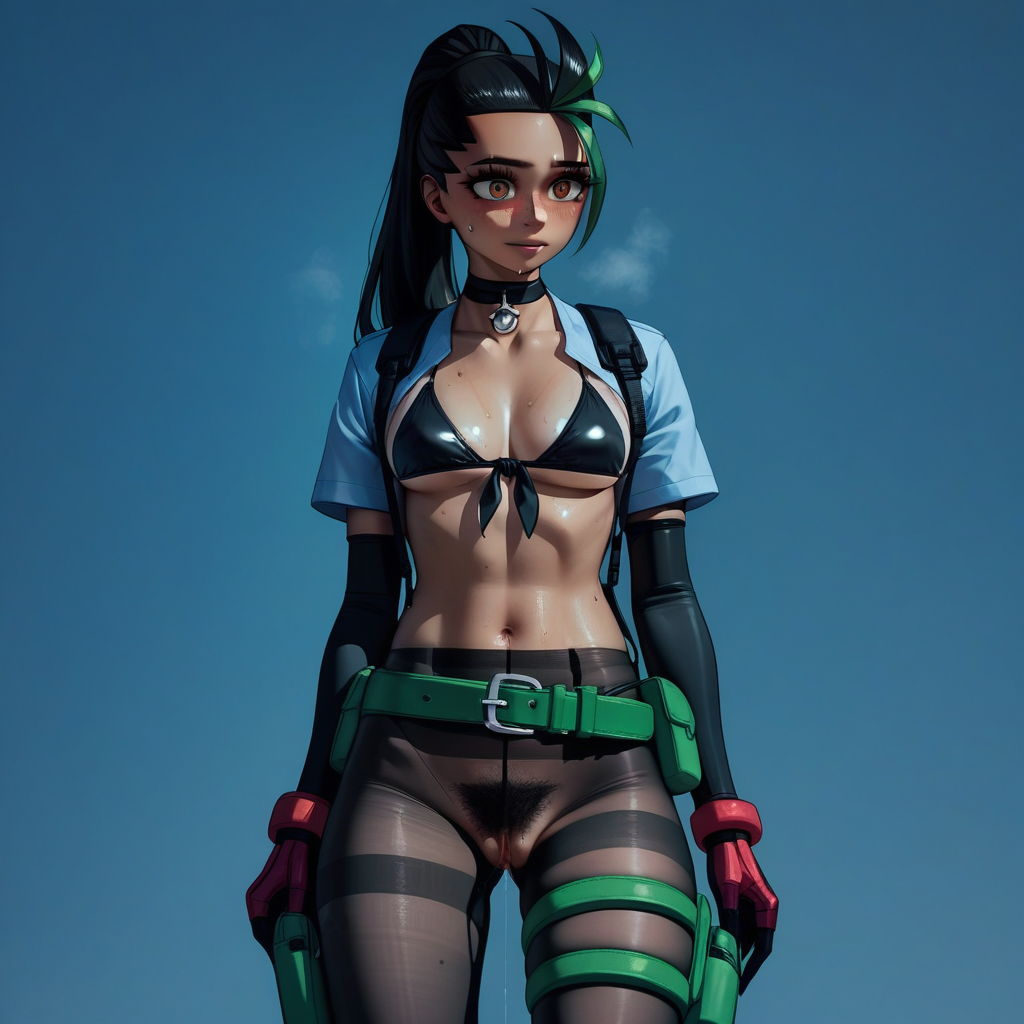score_9,score_8_up, score_7_up,score_6_up, BREAK, rating_explicit, Nemona\(Pokemon\), (dark-skinned_female:1.2), streaked_hair, source_anime,  anime style, bikini, black choker, front-tie_bikini_top, gloves, (lowleg_pantyhose), black bikini, thigh_strap, green_belt, boots, quiet_(metal_gear)_(cosplay), cosplay, pantyhose, (no_panties), pussy, uncensored pussy, pussy juice, excessive pubic hair, female pubic hair, uncensored_pussy, (female pubic hair), shiny skin, sweat 1woman,