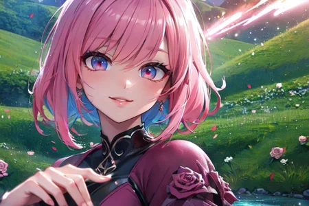 (masterpiece:1.4), 4K8K, (anime style), (high shutterspeed:1.4), (sharp edges), 
SyFyEye1, FanFo, 
1woman  hands togather,  leaning foward, face focus, smile, closed mouth, 
wearing Celtic style dress, (Detailed face, Detailed eyes, Detailed lips), (solo), 
pink hair, any colored roses, Fantastic, grass firld, river-side,