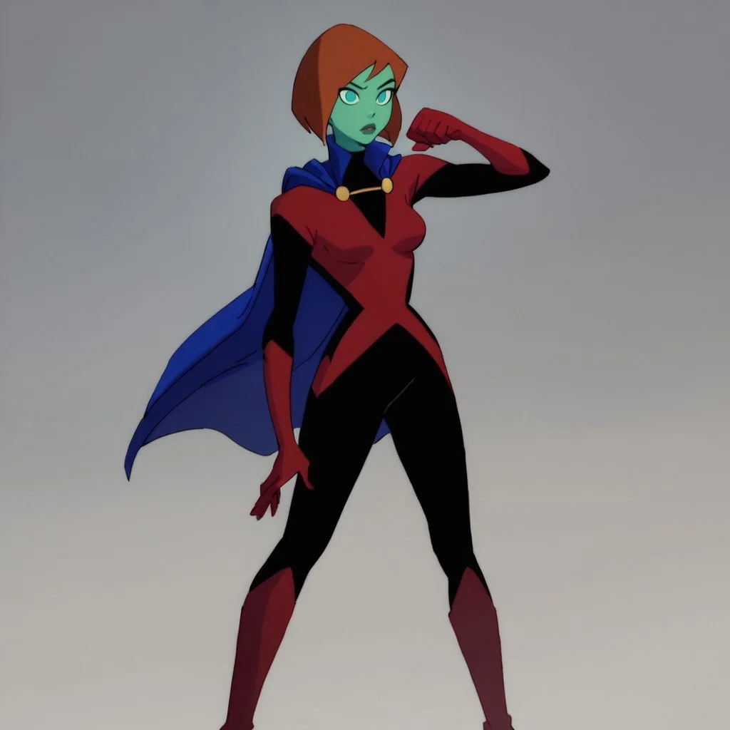 safe_pos, score_9, score_8_up, score_7_up, solo, 1girl, lipstick, short hair, red hair, bob cut, colored skin, green skin, aqua eyes, no pupils, blue cape, bodysuit, red gloves, red knee boots, breast, sey pose, miss martian