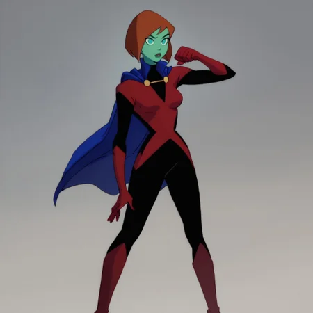 safe_pos, score_9, score_8_up, score_7_up, solo, 1girl, lipstick, short hair, red hair, bob cut, colored skin, green skin, aqua eyes, no pupils, blue cape, bodysuit, red gloves, red knee boots, breast, sey pose, miss martian