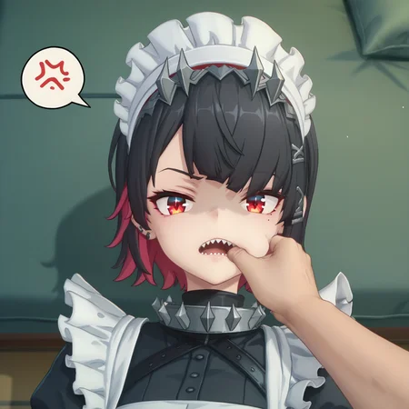 score_9, score_8_up, score_7_up, score_6_up, source_anime, source_hentai,
<lora:ellen.pony:1>, zzzellen, red eyes, colored_inner_hair, black hair, red hair,
maid, maid headdress,
bedroom, looking at viewer, (shaded face), (spoken anger vein),
<lora:fingercandy-pony:0.8>, fingercandy, pov hands, wide open mouth, spiked teeth, sharp teeth, extreme close-up, close-up, hand in another's mouth, from above,