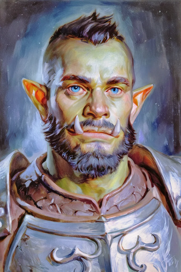 score_9, score_8_up, score_7_up, rating_safe, painterly, traditional media, realistic, 1boy, solo, male focus, mature male, orc, green skin, tusks, blue eyes, short hair, black hair, facial hair, beard, mustache, looking at viewer, armor, shoulder armor, breastplate, pauldrons, upper body, closed mouth, standing, outdoors, night, night sky, dark background <lora:Dream Painting Style [LoRA] - Pony V6 XL:0.7>