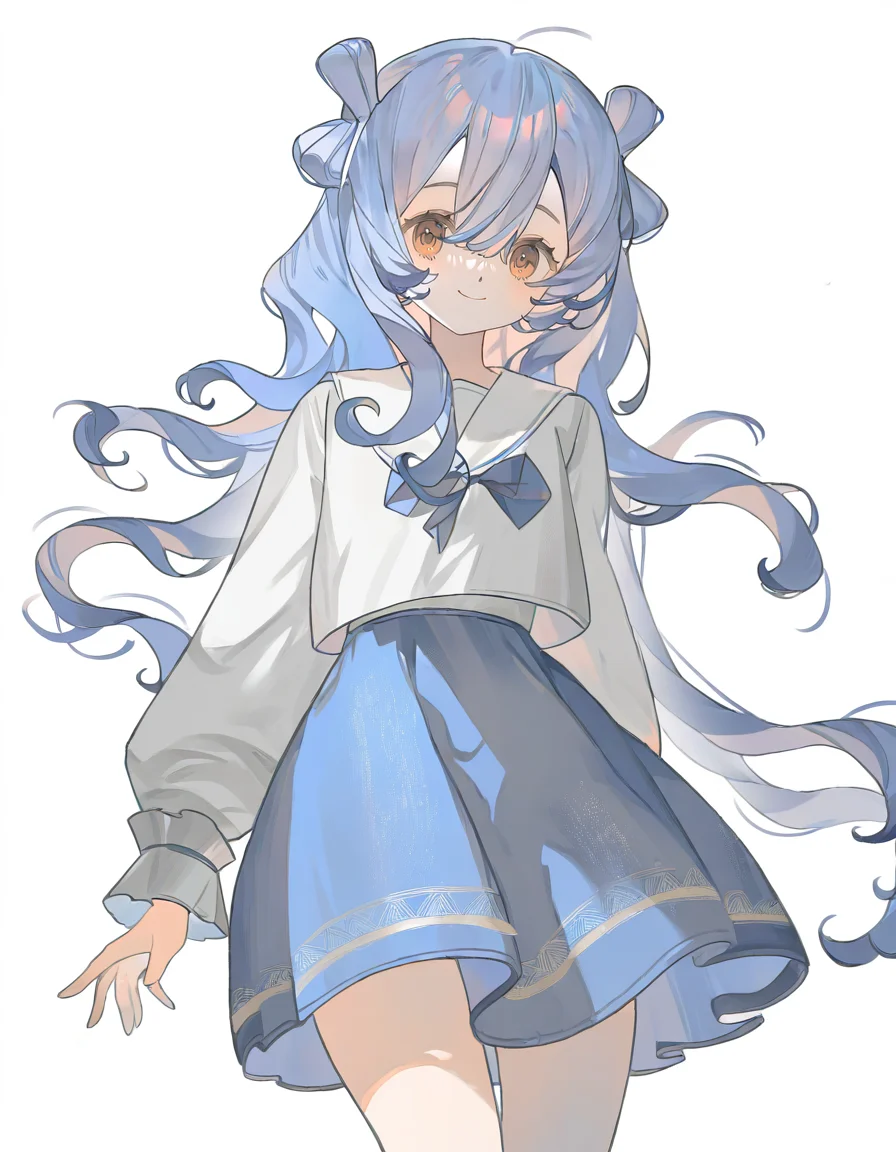 1girl,solo,looking at viewer,simple background,white background,jiangyalu,blue hair,brown eyes,smile,<lora:jiangyalu-000014:1>,<lora:fanggeCL-000024:1>,cowboy shot,alternate costume,(serafuku:1.1),, masterpiece, best quality, very aesthetic, absurdres,newest, incredibly absurdres,