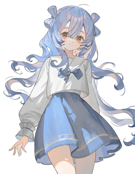 1girl,solo,looking at viewer,simple background,white background,jiangyalu,blue hair,brown eyes,smile,<lora:jiangyalu-000014:1>,<lora:fanggeCL-000024:1>,cowboy shot,alternate costume,(serafuku:1.1),, masterpiece, best quality, very aesthetic, absurdres,newest, incredibly absurdres,