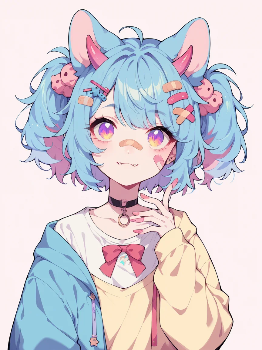 score_9, score_8_up, score_7_up, score_6_up,  <lora:p4st3lg0r3XLP:1> p4st3lg0r3, 1girl, pastel,animal ears, bandaid, hair ornament, horns