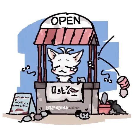 source_cartoon (Booba , 1boy,Blue Eyes , antenna and a tail,negative_hand, mikus-kikoriki, round body mikus-concept, wooden kiosk, striped canopy, rectangular counter, front banner with text, scattered trash (cans, papers, bags), flying can, white background, day, text, simple style, BREAK, closed eyes