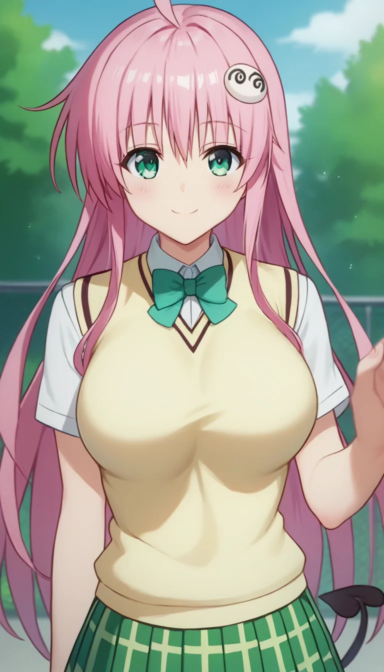 score_9,score_8_up,score_7_up,score_6_up BREAK official art,solo,outdoors,upper body,(portrait:1.5),looking at viewer,facing viewer,smile,blush,Lala Satalin Deviluke,ahoge,very long hair,pink hair,hair ornament,sidelocks,bangs,green eyes,school uniform,sweater vest,yellow vest,white shirt,collared shirt,green bowtie,short sleeves,large breasts,miniskirt,green skirt,plaid skirt,pleated skirt,demon tail,zettai ryouiki,black thighhighs,loafers,<lora:Lala Satalin Deviluke(tlr)-Pony:1.8>,