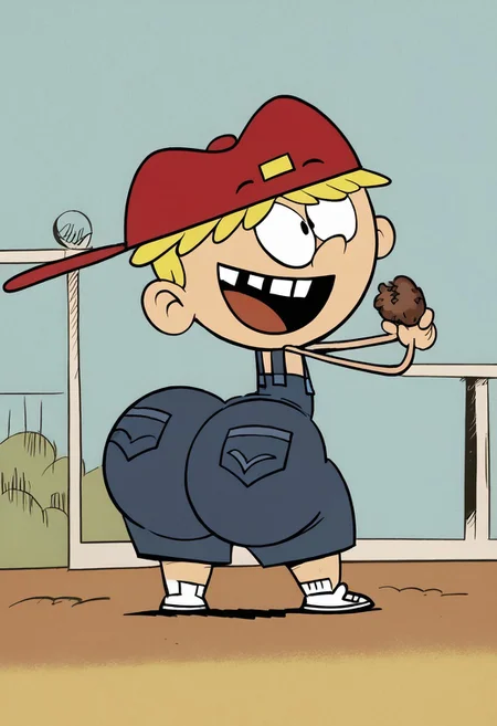 (score_9 | score_8_up | score_7_up) ((masterpiece:1))(best quality,very high quality,ultra detailed:1.2) (2D,cartoon style,anime style)(Smooth:2)(clean blurring) (four fingers on each hand,one thumb on each hand:1), Leif Loud, solo, 1boy, male, Blonde hair, missing teeth, red baseball cap facing backwards, blue overalls, white shoes, SB99 style, butt, mega butt, HUGE Butt, joyfull, happy, glee