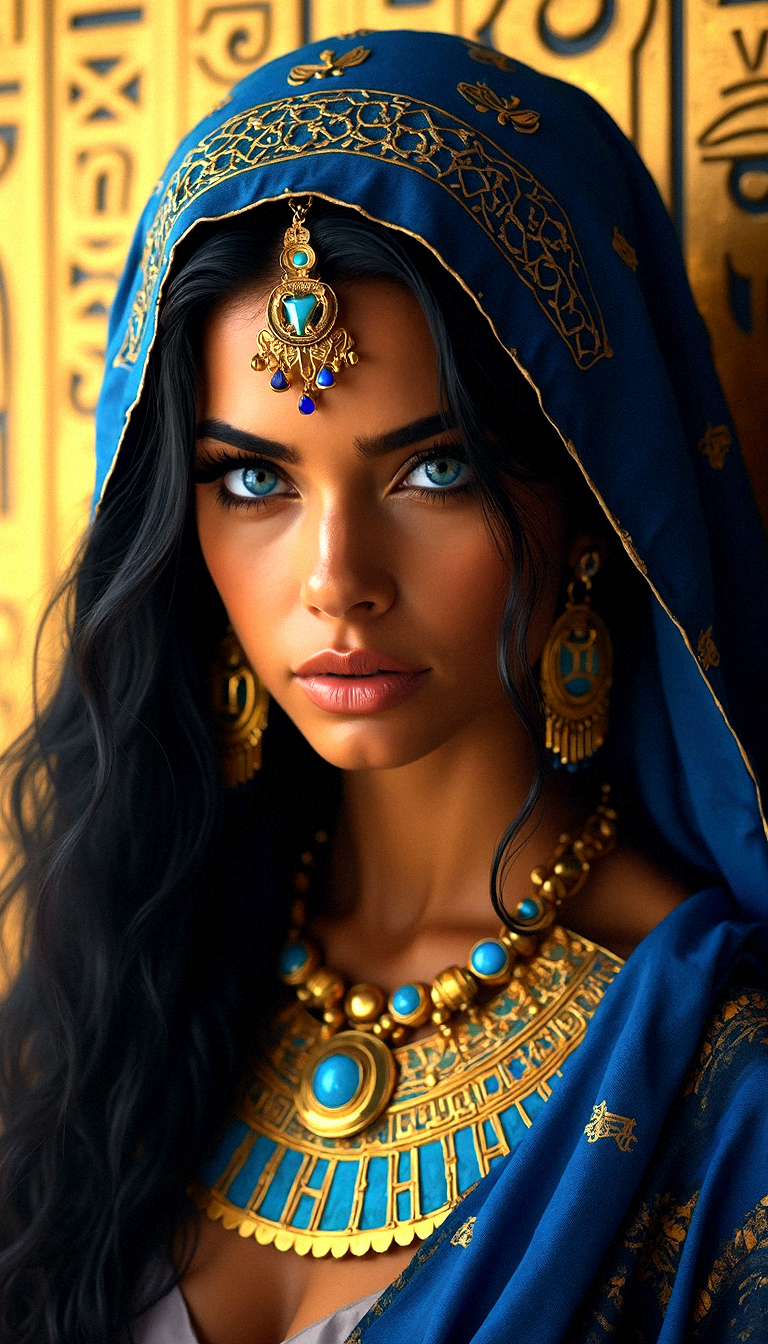  a photorealistic depiction of a very tanned egyptian woman with a powerful, ancient aesthetic. Her piercing blue eyes are framed by thick, black eyeliner in the style of Egyptian queens, extending in a dramatic wing. Her hair is jet-black, flowing from beneath a rich, royal blue scarf adorned with gold symbols and hieroglyphs. She wears heavy, elaborate earrings and a broad, golden collar necklace, both featuring geometric shapes and vivid blue accents that mirror the designs on her headscarf. The background is a golden hieroglyphics carved on wall, which heightens the drama of the scene and complements the gold tones in her jewelry. The lighting is soft but focused, highlighting the reflective details of the jewelry and bringing out the texture in her attire. The composition merges historical reverence with modern realism, presenting a figure that feels both ancient and timeless.