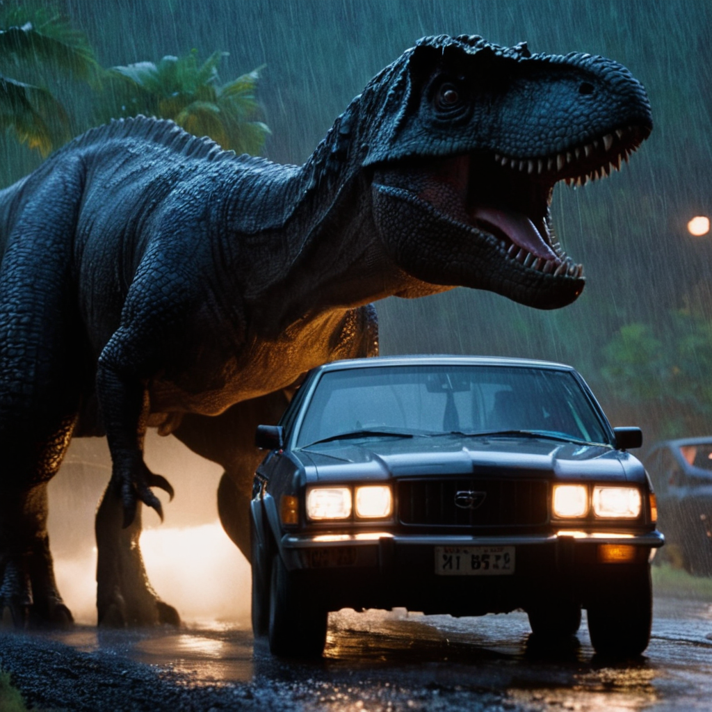 cinematic film still of  <lora:1990's style:1.2>
In the 1990's a car driving past a Tyrannosaurus dinosaur in the rain,outdoors,no humans,night,animal,ground vehicle,motor vehicle,rain,car,dark,oversized animal,godzilla , realistic,realism, detailed, perfection,perfect,filmic,retro,vintage,classic,different haircut,different look,different style,different people, 1990's style , 1990 style, shallow depth of field, vignette, highly detailed, high budget, bokeh, cinemascope, moody, epic, gorgeous, film grain, grainy