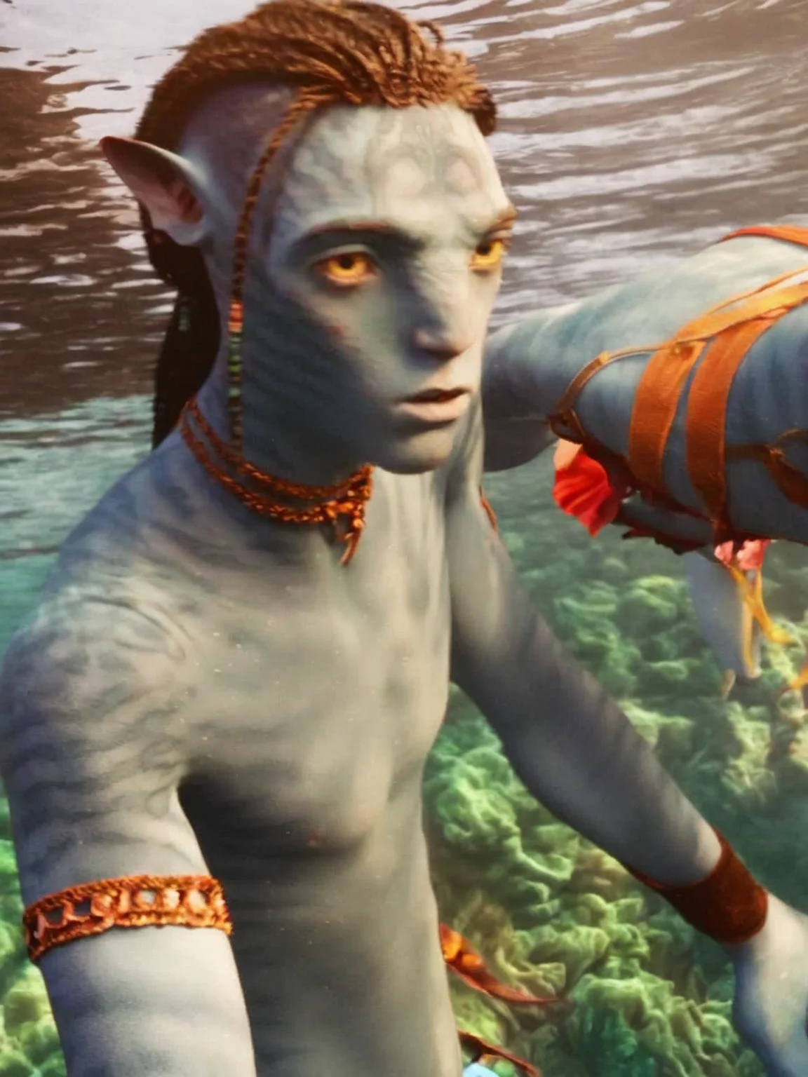 cinematic, loak, 1boy, jewelry, male focus, pointy ears, colored skin, topless male, underwater, <lora:avatar_pony_v1:0.9>