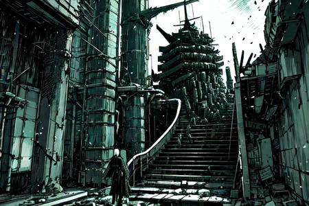 highly insanely detailed, masterpiece, top quality, best quality, highres, 4k, 8k, RAW photo, (very aesthetic, beautiful and aesthetic),
tsutomu nihei,nihei_tsutomu,blame!,blame gakuen!,abara,TNstyle,sidonia_no_kishi,(stairs,mausoleum,sidonia \(ship\),space,spacecraft,megastructure in background,hangar,deep horizon,city ruins),
<lora:ABARA:0.5>,
(1girl:1.3),
solo focus,
bathroom with bath with a sink,toilet,faucet,soap,chitin bathroom,chitin a sink,chitin handrails,chitin window,chitin faucet,chitin toilet,chitin mirror,chitin,(chitin theme:1.2),(rough jagged texture:1.3),glow,jade,green theme,âââ