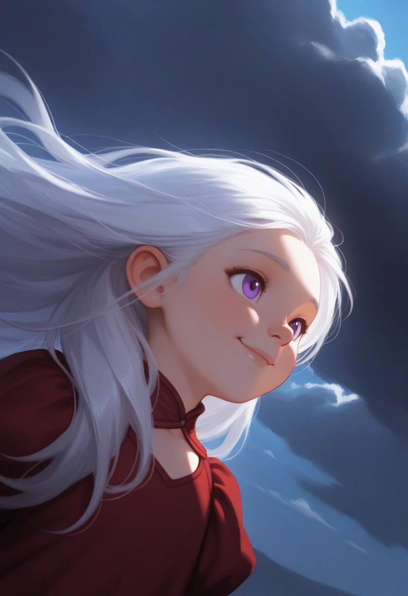 1girl, Aerea Targaryen, A song of Ice and Fire, DnD, Long Lustrious Hair, white Hair, Long white Hair, purple eyes, innocent eyes, child (between ages of 12-10), lovely smile, dark background, wearing a red dress, 1girl, childish features, sole girl, dynamic lighting, dynamic angle, cloud, volumetric lighting, blue sky, portrait, upper body,