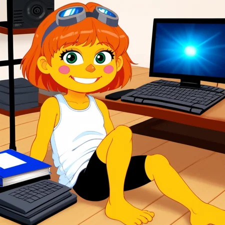 1girl, solo, julss1, yellow skin, colored skin, green eyes, orange hair, short hair, child, <lora:julss1-000006:1>, looking at viewer, blush stickers, flat chest, white loose shirt, white tank top, goggles, stomach, black bike shorts, big  grin smile, legs folded, typing, computers, on floor, glowing light, perfect quality, good quality, masterpiece, HDR, UHD, retro artstyle, goggles on head, big smile, ^_^, barefoot, atmospheric lighting,