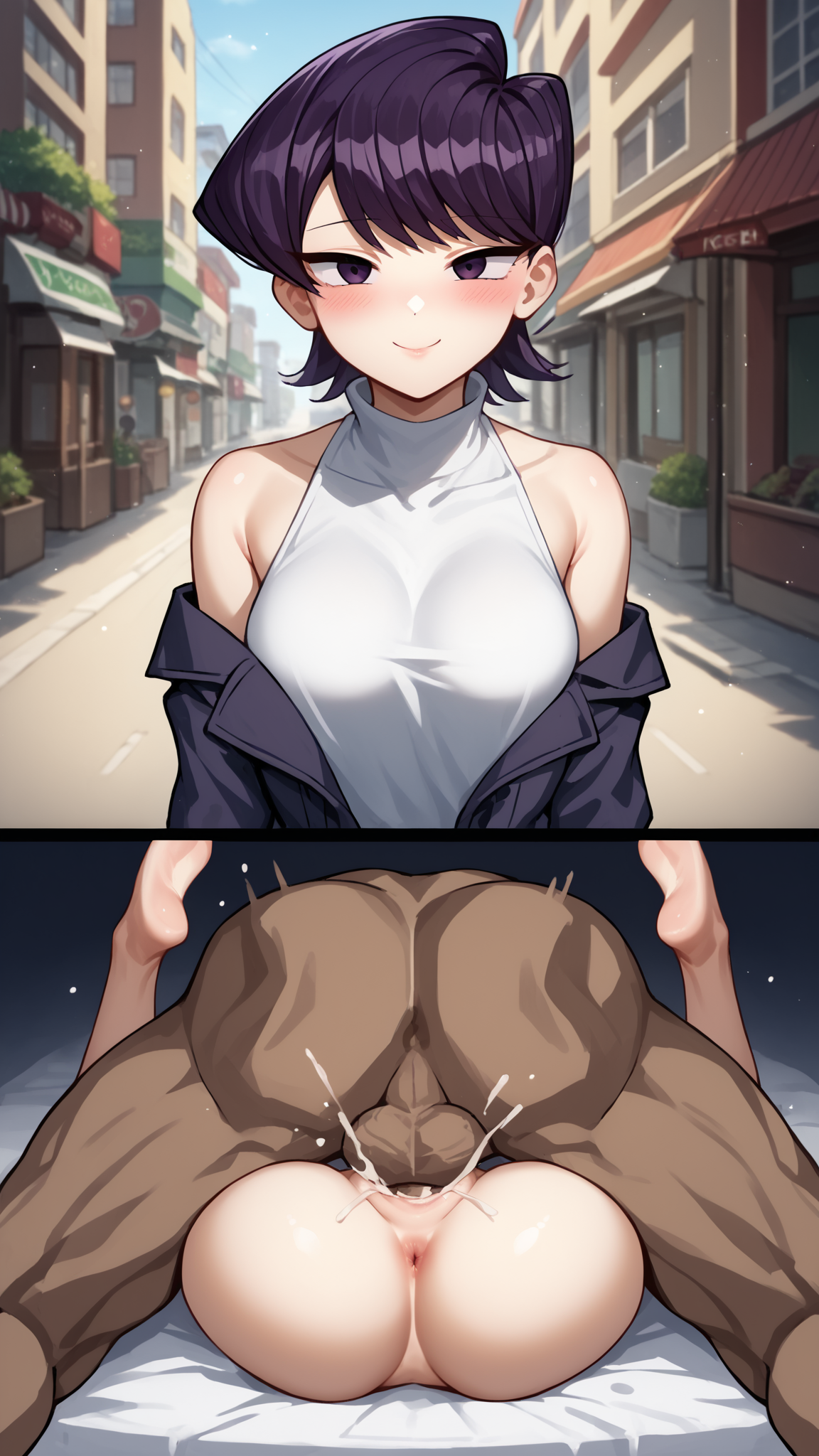 score_9, score_8_up, score_7_up, source_anime BREAK 1girl, ((solo)), Komi shuuko, short hair, purple hair, cowboy shot, purple eyes, swept bangs, turtleneck, jeans, looking at viewer, blush, smile, standing, medium breasts, perky breasts, (2koma), instant loss, pov, before and after, pov before and after, <lora:POV_before_and_after__instant_loss:1>, netorare, unseen male face, dark-skinned male, street, bedroom, hetero, nude, completely naked, mating press, sex, penetration, ass, bare 
 shoulders, speech bubble, rating_questionable