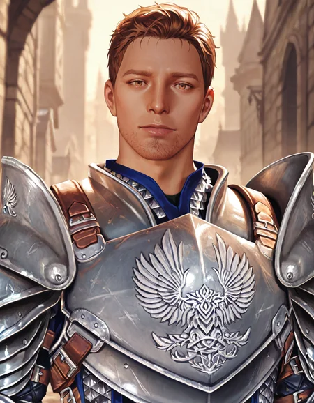 masterpiece, best quality, absurdres, newest, perfect quality, best quality, absolutely eye-catching, detailed background, intricate details, male focus, realistic, solo, <lora:Dragon Age - Alistair Theirin - Illustrious:0.8> da_alistair, male, short hair, brown eyes, stubble, warden pauldrons, warden breastplate, warden chainmail, upper body, head tilt, outdoors, looking at viewer