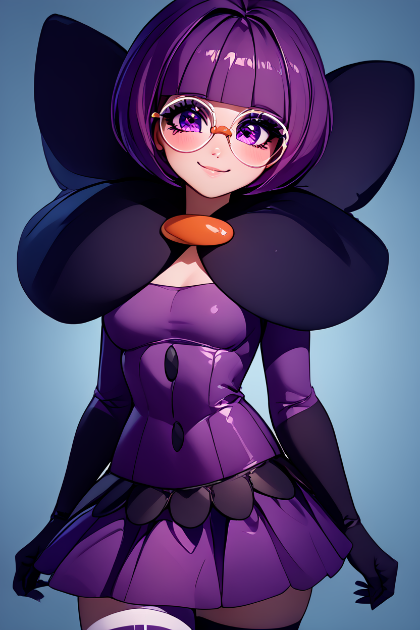 score_9, score_8_up, score_8, medium breasts, (curvy), cute, eyelashes,       ,,, , ,,, zzShauntal, purple eyes, bob cut, glasses, round eyewear, short hair, blunt bangs, purple hair, elbow gloves, purple skirt, skirt, bow, dress, large bow, <lora:Shauntal_Pokemon_PDXL:1.0>,  ,,,, BREAK, closed mouth, alternate costume, smile, looking at viewer, blush, ,,, zzLFashion, frilled dress, frills, bow, dress, striped thighhighs, sweetL, cowboy shot, ,,, embedding:zPDXL, Expressiveh, ,,, <lora:Vivid:0.7>, <lora:LFashionPDXL:1>, <lora:Uncensored_PonyXL_cpt_v02.09:0.4>, <lora:Expressive_H-000001:0.4>,