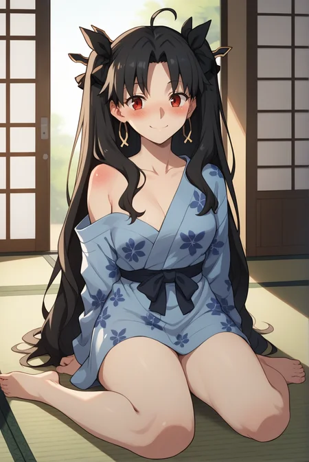 score_9, score_8_up, score_7_up, score_6_up, score_5_up, score_4_up, BREAK source_anime, 1girl, solo,
<lora:IshtarXL-v1-06:0.5>, ChopioIshtar, black hair, hair ribbon, very long hair, two side up, parted bangs, ahoge, red eyes, looking at viewer,
medium breasts, (thick thighs:0.8),
smile, blush,
bedroom, sliding doors, tatami, on floor, wariza,
furisode, off shoulder, shoulder blush, w-legs, sitting, yukata, floral print,