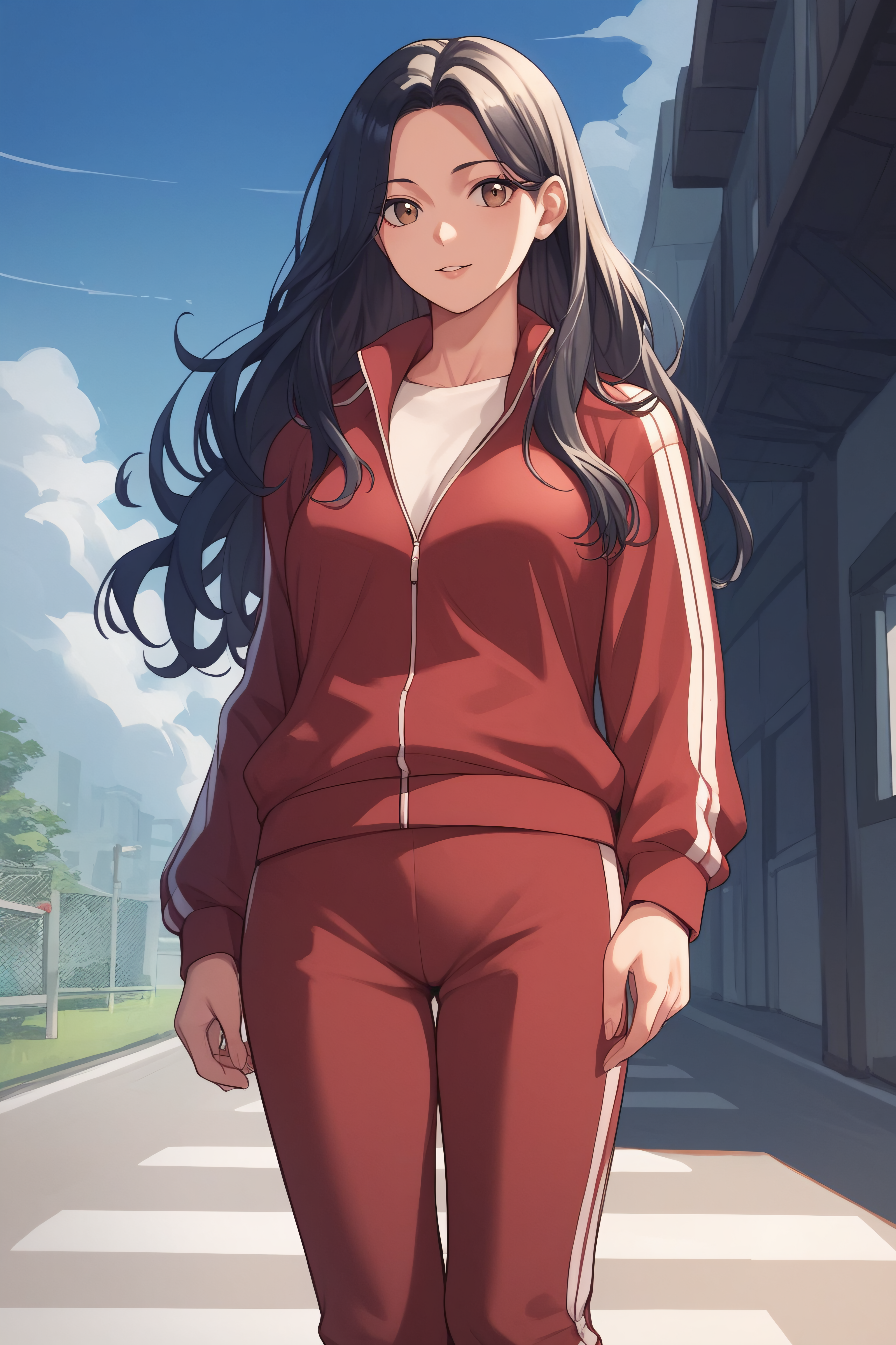 score_9, score_8_up, score_7_up, source_anime, <lora:Geum-Ok Yeon-PonyXL-lora-Faxtron:0.8> geum-ok yeon, brown eyes, black hair, long hair, medium breasts, track jacket, track pants,