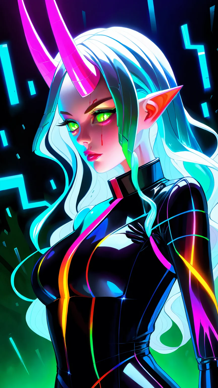 frilly hairstyle, latex dress, torso, body, 8k, ultra-detailed, highres, rainbow skin, shattered glass effect, (best quality, masterpiece:1.2), (deformed neon light:1.3), soft particles of fractal fire, volumetric lighting, (masterpiece, best quality), 1girl, intricate details, 8k, artstation, wallpaper, official art, splash art, sharp focus, dark atmosphere, black coat, black dress, cartoon for adults, white sleeves, sleeves past finger, sleeves past wrists, horns, (glitched body effect), (geometric:1.2), futurism, impressionist, detailed, majestic, breathtaking, (suggestive:1.3), (depressing:1.3), (cute:1.2), enticing, (irresistible:1.3), disturbing, fascinating, (magnetic:1.2), (green), latex clothing, suggestive position, latex costume, Depth of field, vivid color, rainbow bloody veins growing and intertwining out of the darkness, (nailed wire), oozing thick blue blood, sharp neon, veins growing and pumping blood, vascular networks growing, under water