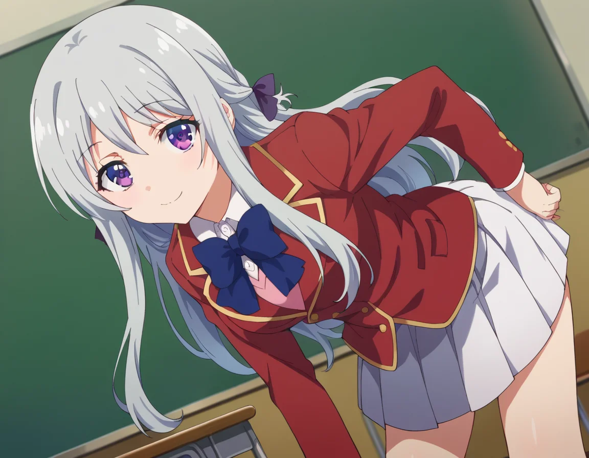 score_9, score_8_up, score_7_up, source_anime,
hiyorishiina, <lora:hiyori-shiina-s2s3-ponyxl-lora-nochekaiser:1>,
hiyori shiina, long hair, bangs, purple eyes, hair ribbon, grey hair,
skirt, shirt, long sleeves, bow, ribbon, school uniform, jacket, pleated skirt, bowtie, blue bow, blazer, white skirt, red jacket,
indoors, classroom, bent over, smile,
looking at viewer, dutch angle, cowboy shot,