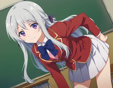 score_9, score_8_up, score_7_up, source_anime,
hiyorishiina, <lora:hiyori-shiina-s2s3-ponyxl-lora-nochekaiser:1>,
hiyori shiina, long hair, bangs, purple eyes, hair ribbon, grey hair,
skirt, shirt, long sleeves, bow, ribbon, school uniform, jacket, pleated skirt, bowtie, blue bow, blazer, white skirt, red jacket,
indoors, classroom, bent over, smile,
looking at viewer, dutch angle, cowboy shot,