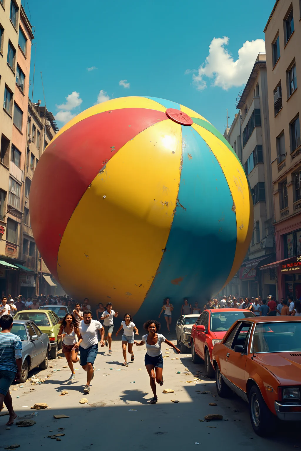 A chaotic and humorous scene unfolds in the heart of a bustling city as a giant beach ball, vibrant with colorful stripes of red, yellow, blue, and green, wreaks havoc as it rolls through the streets. The enormous ball, towering over buildings and cars, barrels forward with unstoppable momentum, crushing everything in its path. People are seen fleeing in all directions, some mid-sprint with wide-eyed expressions of shock and panic, while others dive for cover behind cars and street corners. The streets are littered with overturned vehicles, shattered glass, and debris from crumbling storefronts, all flattened by the ball’s relentless advance. The absurdity of the scene is emphasized by the playful, bright colors of the beach ball, contrasting sharply with the destruction it leaves behind. The sky above is a clear blue, adding an ironic sense of normalcy to the chaotic event below, while the cityscape in the background shows buildings leaning or tipping over in the wake of the rolling disaster. The image captures the bizarre mix of humor and mayhem as the massive beach ball continues its path of destruction.