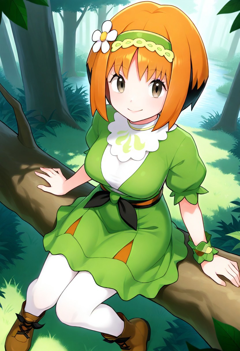 2d, masterpiece, best quality, amazing quality, highres, absurdres, newest, 1girl, solo, sitting, on branch, forest, nature, from above, dutch angle, looking at viewer, medium breasts, mature female, gardenia \(pokemon\), two-tone hair, orange hair, black hair, hair ornament, green hairband, hair flower, green dress, puffy short sleeves, single wrist cuff, white pantyhose, boots, brown footwear