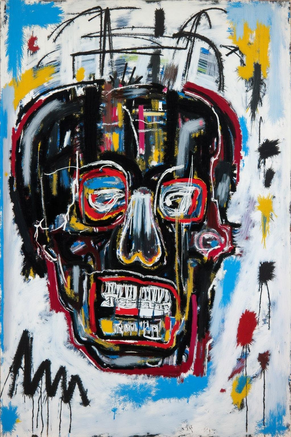 basquiat1 painting.
An abstracted colorful skull made of bold brushstrokes and splatters, primarily in black, white, blue, red, and yellow.
 <lora:basquiat1_cap_d6a3e11:1.0><lora:835163447621717721:0>