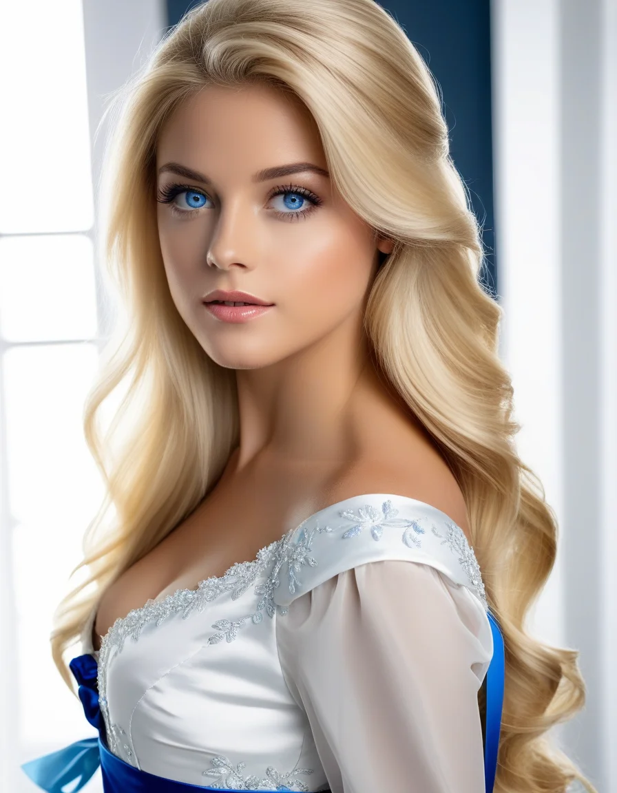 1girl,beauty_mix1,standing,blonde hair,long hair,blue eyes,white dress,masterpiece,<lora:beauty-mix1-xl:1>,