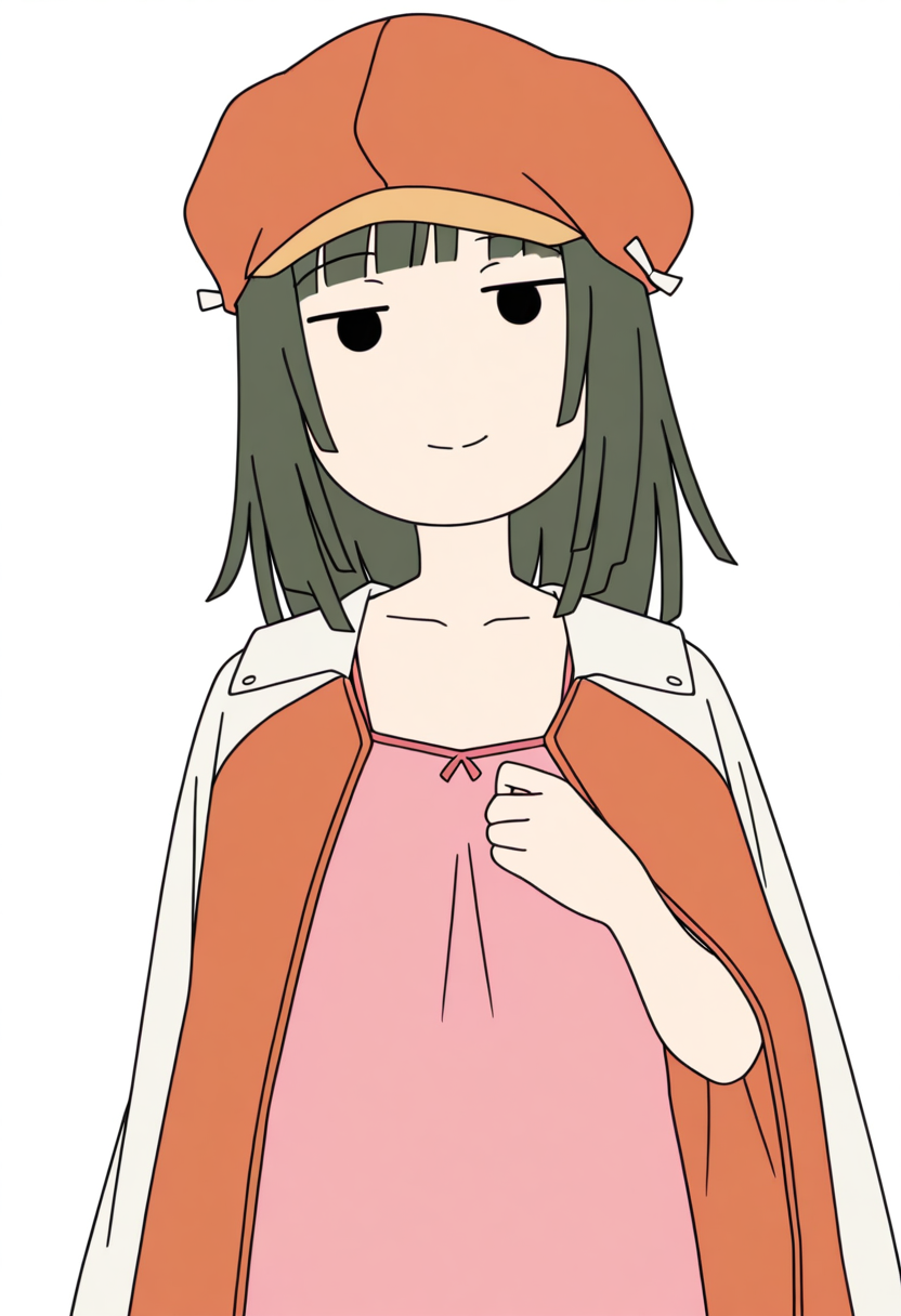 <lora:Sengoku_Nadeko_Illustrious2:1.0>
 <lora:Juukyuu_Style:1>, 
1girl, solo, nadeko sengoku, blunt bangs, blunt ends, medium hair, pink camisole,
head tilt,
light smile, looking at viewer, 
green hair, hat, orange cabbie hat, orange jacket, jacket on shoulders,
one hand up, shoulder,
 masterpiece, flat colors, solid circle eyes, black eyes, solid eyes, jitome,