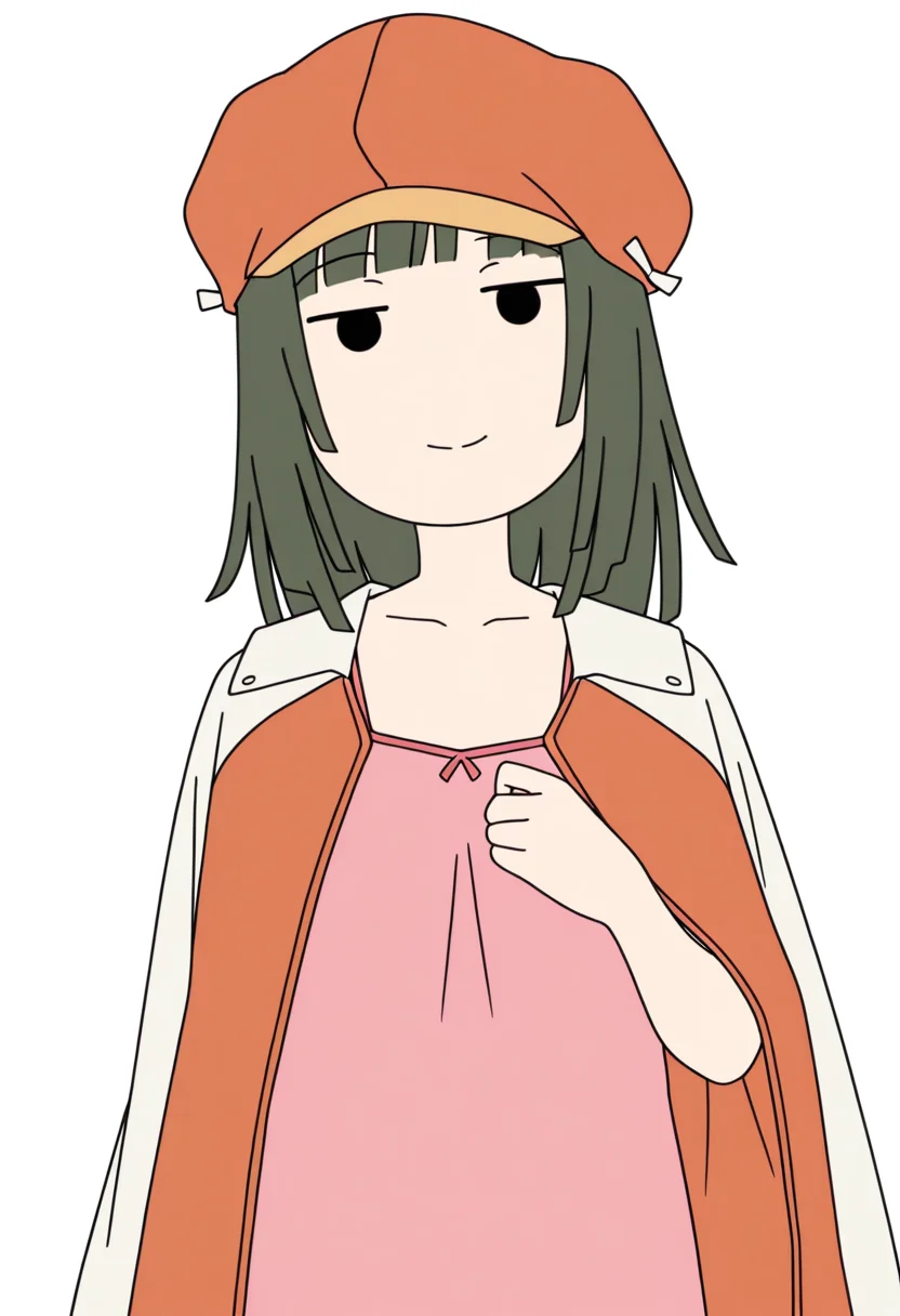 <lora:Sengoku_Nadeko_Illustrious2:1.0>
 <lora:Juukyuu_Style:1>, 
1girl, solo, nadeko sengoku, blunt bangs, blunt ends, medium hair, pink camisole,
head tilt,
light smile, looking at viewer, 
green hair, hat, orange cabbie hat, orange jacket, jacket on shoulders,
one hand up, shoulder,
 masterpiece, flat colors, solid circle eyes, black eyes, solid eyes, jitome,